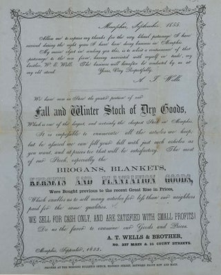 Item #61677 Trade letter, printed in script, advertising "Fall and Winter Stock of Dry Goods" for...