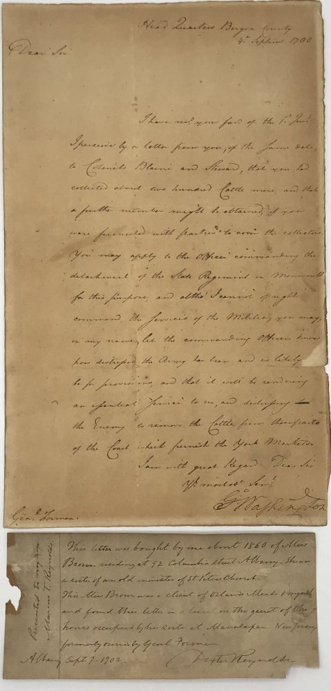 Item #63128 Letter (text in the hand of aide-de-camp Tench Tilghman) signed (“Go. Washington”), as commander-in-chief of the American Army, to General David Forman, Head Quarters, Bergen County, 4 September 1780; additionally signed by Washington on the address leaf, on the verso of an otherwise blank integral leaf. commander of American armies in the Revolutionary War, first President of the United States.