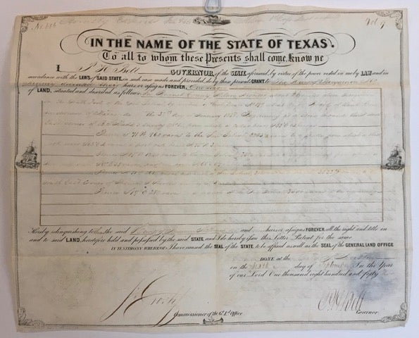 Item #63135 IN THE NAME OF THE STATE OF TEXAS. / TO ALL TO WHOM THESE PRESENTS SHALL COME, KNOW YE / I, P.H. BELL, GOVERNOR OF THE STATE AFORESAID BY VIRTUE OF THE POWER VESTED IN ME BY LAW AND IN / ACCORDANCE WITH THE LAWS OF SAID STATE IN SUCH CASE MADE AND PROVIDED DO BY THESE PRESENTS GRANT TO THE HEIRS OF BENJAMIN Mc / KENNEY DECEASED... ONE LEAGUE / OF LAND... IN BURNET COUNTY. Land Grant, Bell, eter, ansborough.