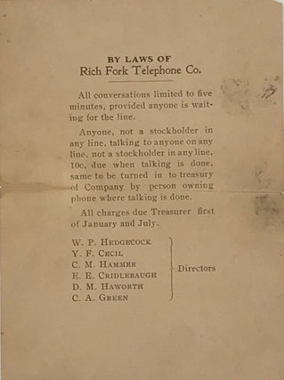 Item #63859 BY LAWS OF / Rich Fork Telephone Co. [drop title]. Telephone, High Point