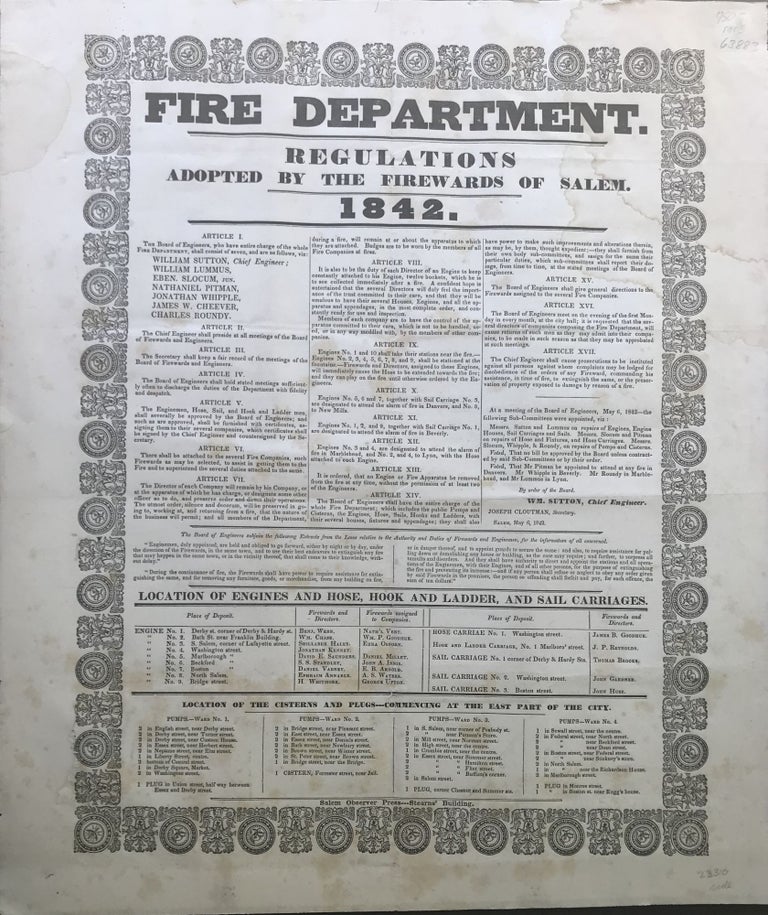 Item #63883 FIRE DEPARTMENT. Regulations Adopted by the Firewards of Salem. 1842.