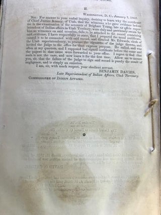 ACCOUNTS OF BRIGHAM YOUNG, SUPERINTENDENT OF INDIAN AFFAIRS IN UTAH TERRITORY. LETTER FROM THE SECRETARY OF THE INTERIOR, TRANSMITTING REPORT OF THE INVESTIGATION OF THE ACTS OF GOVERNOR YOUNG, EX OFFICIO SUPERINTENDENT OF INDIAN AFFAIRS IN UTAH TERRITORY. JANUARY 15, 1862. REFERRED TO THE COMMITTEE ON INDIAN AFFAIRS, AND ORDERED TO BE PRINTED