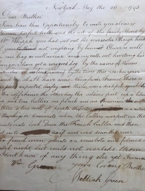 Item #63914 LETTER TO HIS BROTHER WILLIAM E. GREEN, in Worcester, Massachusetts, concerning an incident between the "aristocrats" and the "democrats" Meltiah Green.