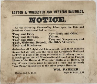 Item #64346 BOSTON & WORCESTER AND WESTERN RAILROADS. NOTICE. [Caption title]; [followed by 16...