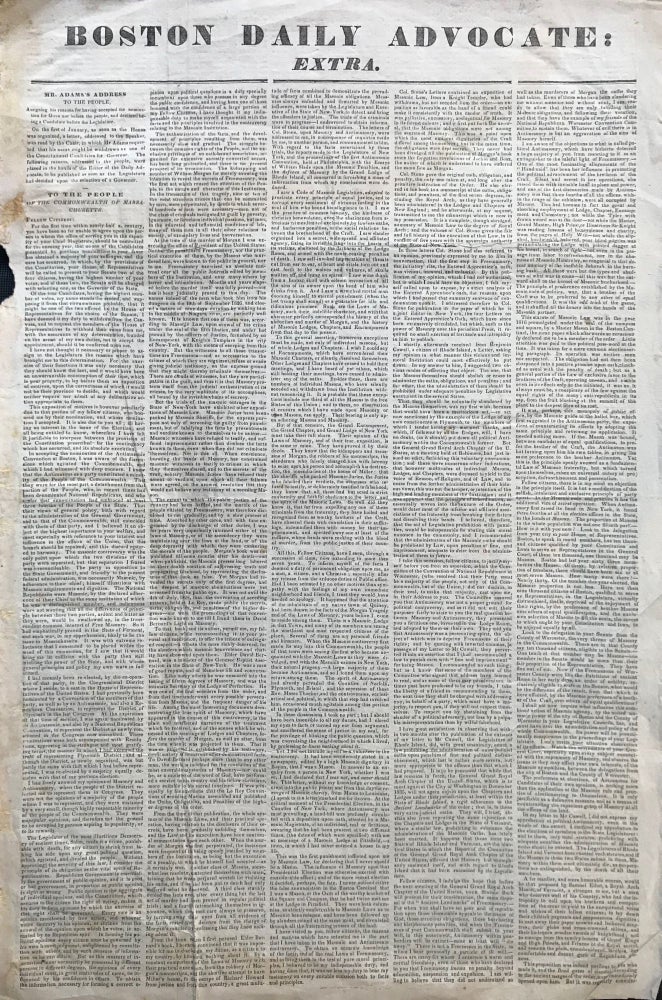 Item #64390 BOSTON DAILY ADVOCATE: EXTRA. Mr. Adams's Address to the People, assigning his reasons for having accepted the nomination for governor before the people, and declined being a candidate before the legislature. John Quincy Adams.