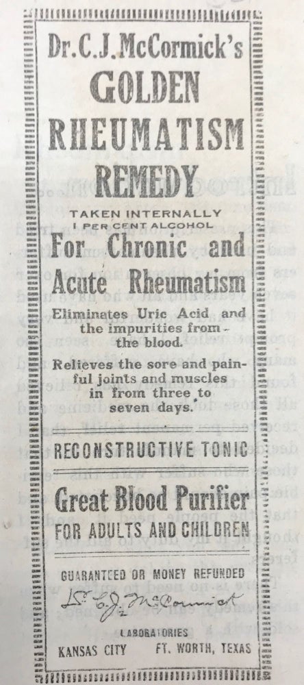 Item #64749 DR. C.J. McCORMICK'S GOLDEN RHEUMATISM REMEDY... FOR CHRONIC AND ACUTE RHEUMATISM....