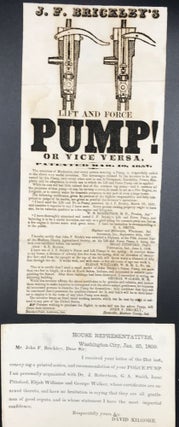 Item #64779 J.F. BRICKLEY'S LIFT AND FORCE PUMP! OR VICE VERSA. Patented March 10, 1857 [Caption...
