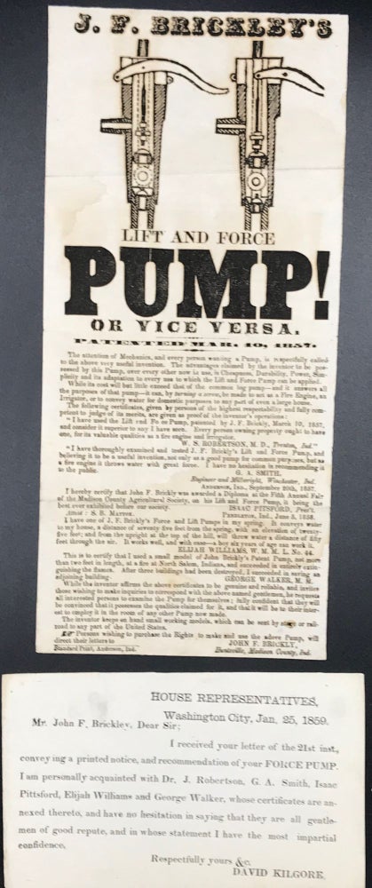 Item #64779 J.F. BRICKLEY'S LIFT AND FORCE PUMP! OR VICE VERSA. Patented March 10, 1857 [Caption title].