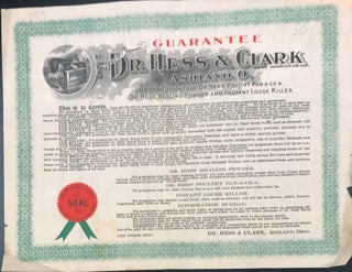 Item #64791 GUARANTEE. ISSUED BY DR. HESS & CLARK, ASHLAND, O. DR. HESS' STOCK FOOD, DR. HESS'...