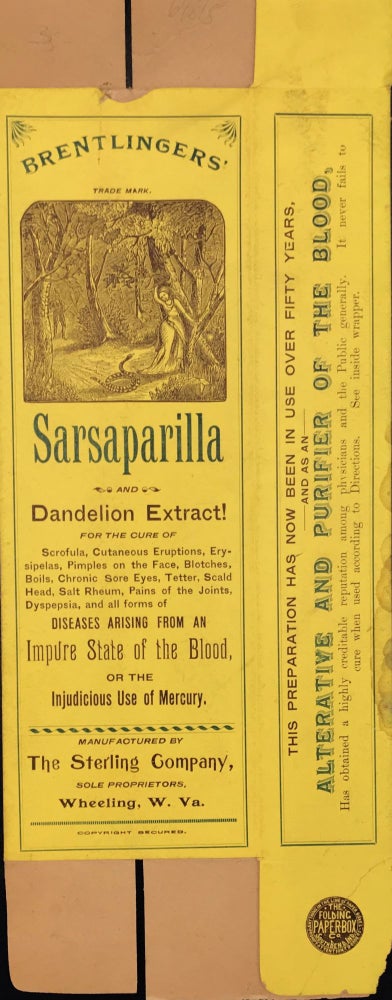 Item #64815 BRENTLINGERS' SARSPARILLA AND DANDELION EXTRACT! For the Cure of Scrofula, Cutaneous Eruptions, Erysipelas, Pimples on the Face [etc.] [Box label]