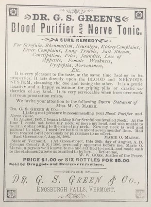 DR. G.S. GREEN'S BLOOD PURIFIER AND NERVE TONIC. UNRIVALLED FOR STRENGTHENING THE NERVES.