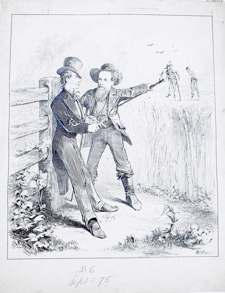 Item #64931 INDIANA SENATOR OLIVER P. MORTON DECRYING VIOLENCE TARGETED AT AFRICAN AMERICANS AND REPUBLICANS by white supremacists in the Post-Reconstruction South, as depicted in a pen-and-ink cartoon. Charles Dater Weldon.