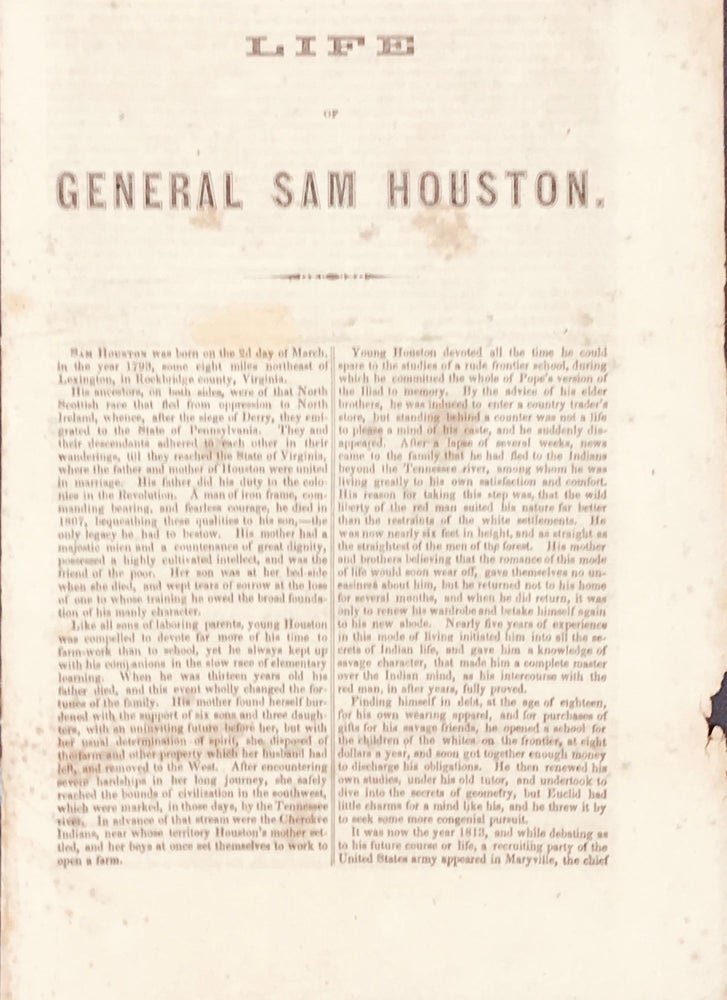 Item #65005 LIFE OF GENERAL SAM HOUSTON. [caption title]