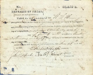 Item #65049 CERTIFYING W.L. HENING'S RIGHTS TO 1280 ACRES OF LAND IN SAN AUGUSTINE COUNTY,...