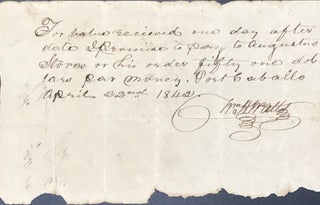 Item #65111 PROMISSORY NOTE, IN MANUSCRIPT, FROM WM. H. WATTS TO AUGUSTUS STORRS, PORT CABALLO...