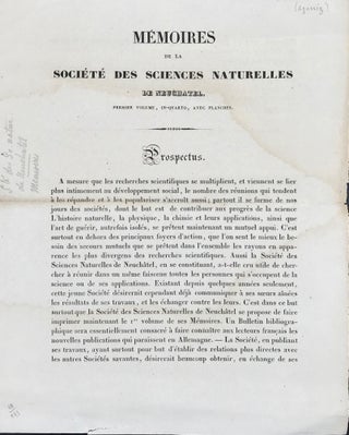 Item #65231 MEMOIRES DE LA SOCIETE DES SCIENCES NATURELLES DE NEUCHATEL. Premier Volume,...