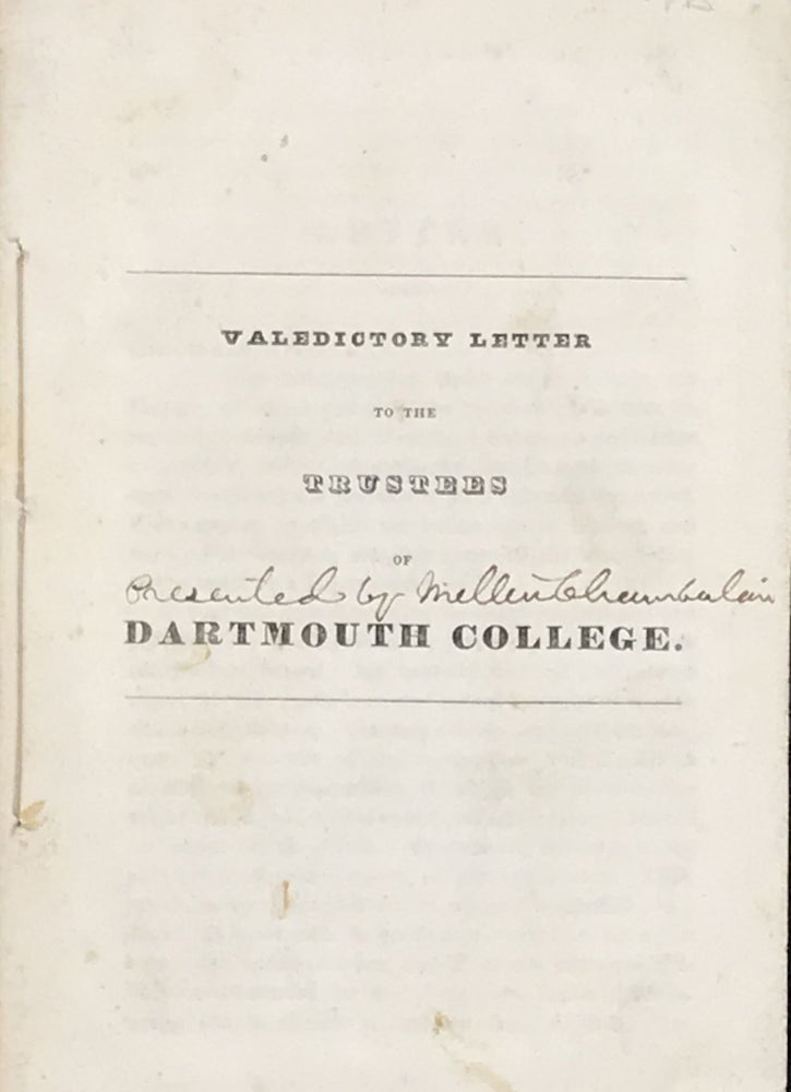 Item #65263 VALEDICTORY LETTER TO THE TRUSTEES OF DARTMOUTH COLLEGE. Ben Hale, amin.