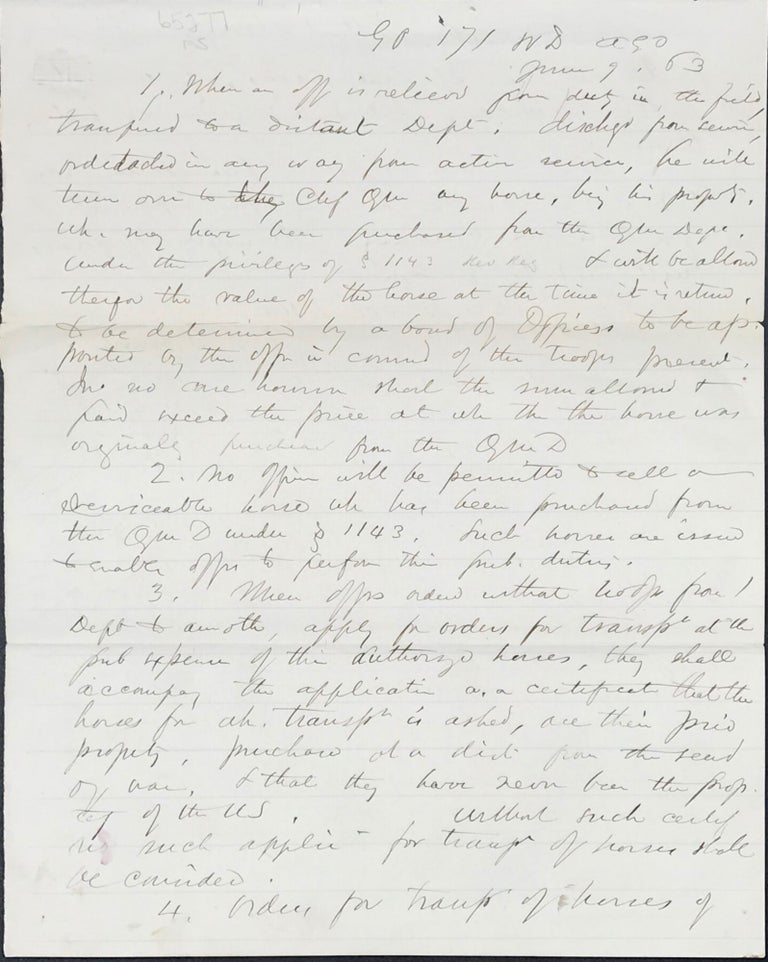 Item #65277 DRAFT COPY OF GENERAL ORDER NO. 171, REGARDING HORSES FOR TRANSPORTATION, JUNE 9, 1863. Civil War, E. D. Townsend, War Dept Assistant Adjutant General.