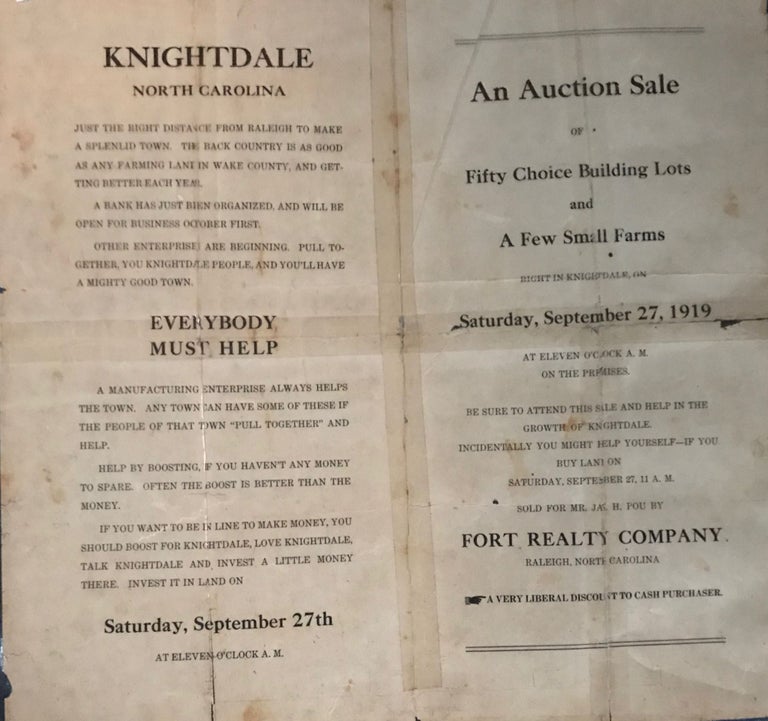 Item #65327 AN AUCTION SALE OF FIFTY CHOICE BUILDING LOTS AND A FEW SMALL FARMS RIGHT IN KNIGHTDALE, ON SATURDAY, SEPTEMBER 27, 1919....