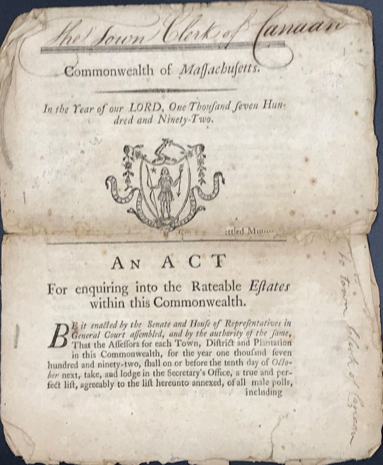 Item #65715 COMMONWEALTH OF MASSACHUSETTS. In The Year of Our Lord One Thousand Seven Hundred and Ninety-Two. An Act for Enquiring into the Rateable Estates within this Commonwealth.