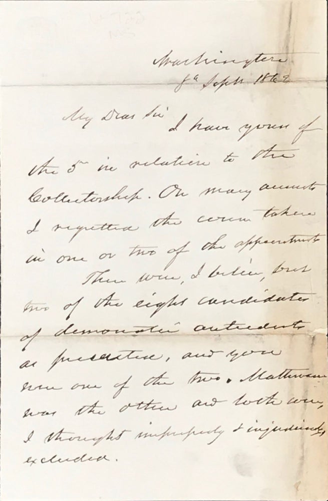 Item #65722 DISCUSSING THE APPOINTMENT OF A CANDIDATE FOR A COLLECTORSHIP, IN AN AUTOGRAPH LETTER, SIGNED BY GIDEON WELLES, AS SECRETARY OF THE NAVY IN ABRAHAM LINCOLN'S CIVIL WAR CABINET, WASHINGTON [DC], SEPT. 8, 1862, TO FREDERICK S. WILDMAN, DANBURY, CONNECTICUT. Gideon WELLES.