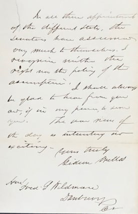 DISCUSSING THE APPOINTMENT OF A CANDIDATE FOR A COLLECTORSHIP, IN AN AUTOGRAPH LETTER, SIGNED BY GIDEON WELLES, AS SECRETARY OF THE NAVY IN ABRAHAM LINCOLN'S CIVIL WAR CABINET, WASHINGTON [DC], SEPT. 8, 1862, TO FREDERICK S. WILDMAN, DANBURY, CONNECTICUT.
