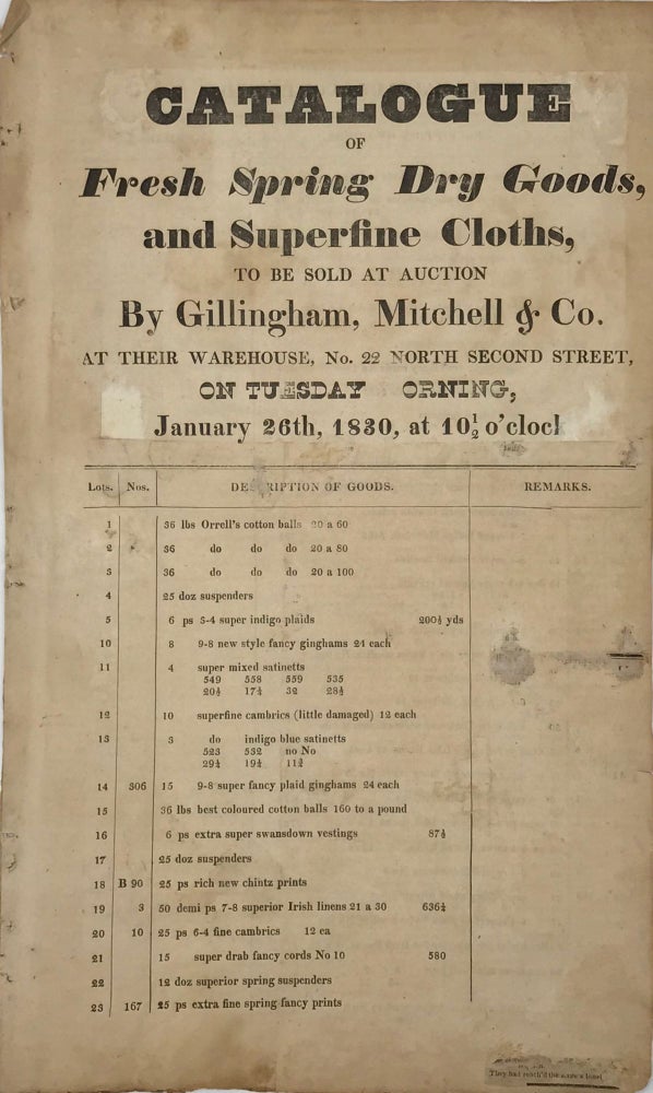 Item #65773 CATALOGUE OF FRESH SPRING DRY GOODS, and Superfine Cloths, to Be Sold at Auction by Gillingham, Mitchell & Co., at Their Warehouse, No. 22, North Second Street, on Tuesday [M]orning, January 26th, 1830, at 10 ½ o’clock [drop-title]