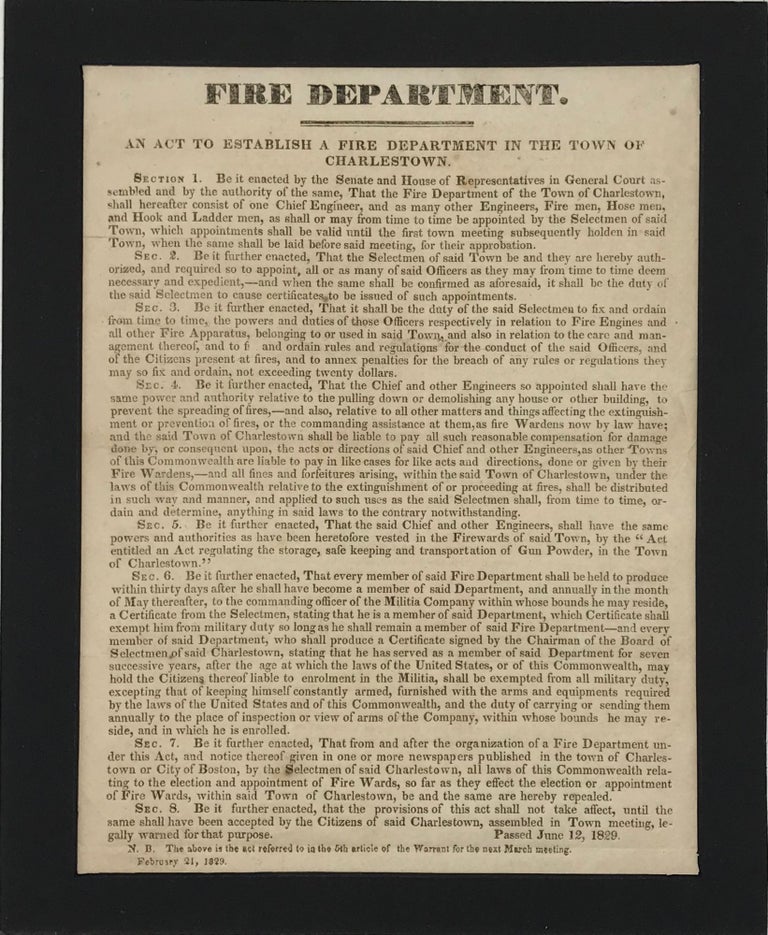 Item #65778 FIRE DEPARTMENT. / AN ACT TO ESTABLISH A FIRE DEPARTMENT IN THE TOWN OF / CHARLESTOWN / [followed by eight numbered sections of the act in as many paragraphs].
