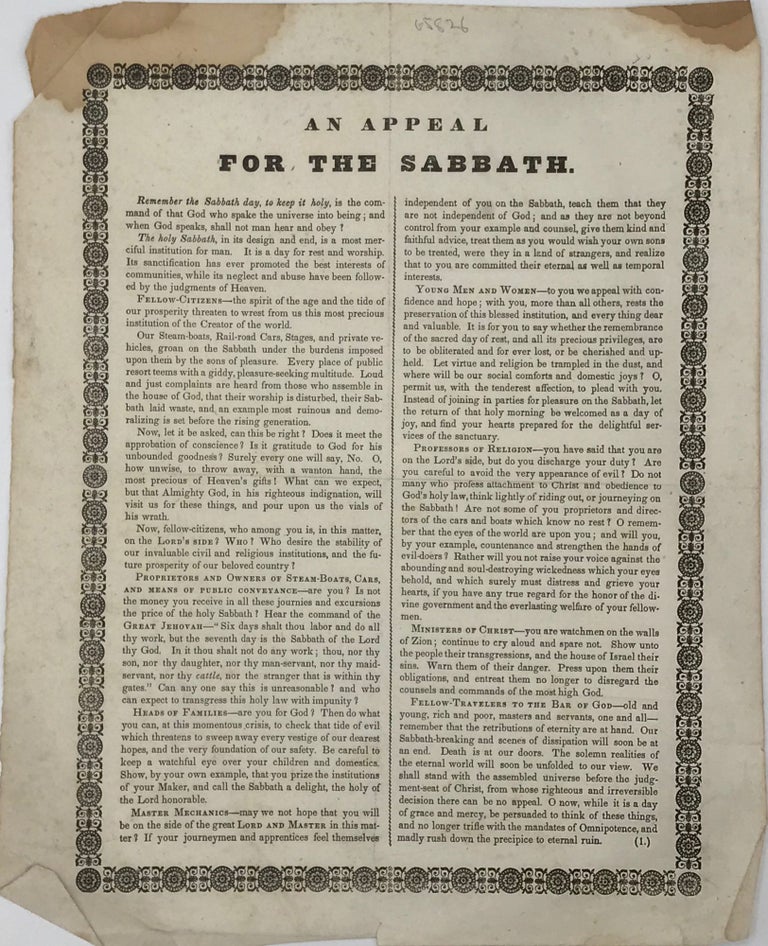 Item #65826 AN APPEAL / FOR THE SABBATH [drop-title followed by 13 paragraphs of text in two columns separated by a thin ornamental rule, title and text enclosed within an ornamental border]