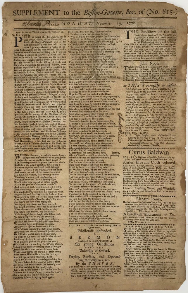 Item #65841 SUPPLEMENT TO THE BOSTON-GAZETTE, &c. of (No. 815.) / Monday, November 19, 1770 [two-line head]. George WHITEFIELD, NEWSPAPER BROADSHEET.