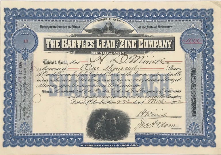 Item #65903 THE BARTLES LEAD AND ZINC COMPANY OF ARKANSAS. Stock Certificate.