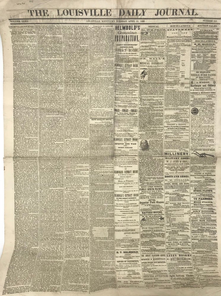 Item #66030 List of wounded, from Shiloh, in Louisville hospitals and other war news, in a single issue of The Louisville Daily Journal. KENTUCKY, NEWSPAPER.