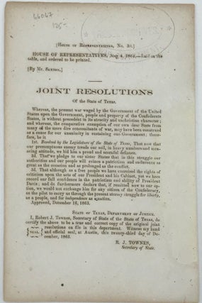 Item #66067 Joint Resolutions of the State of Texas [caption title]. TEXAS, CONFEDERATE IMPRINT
