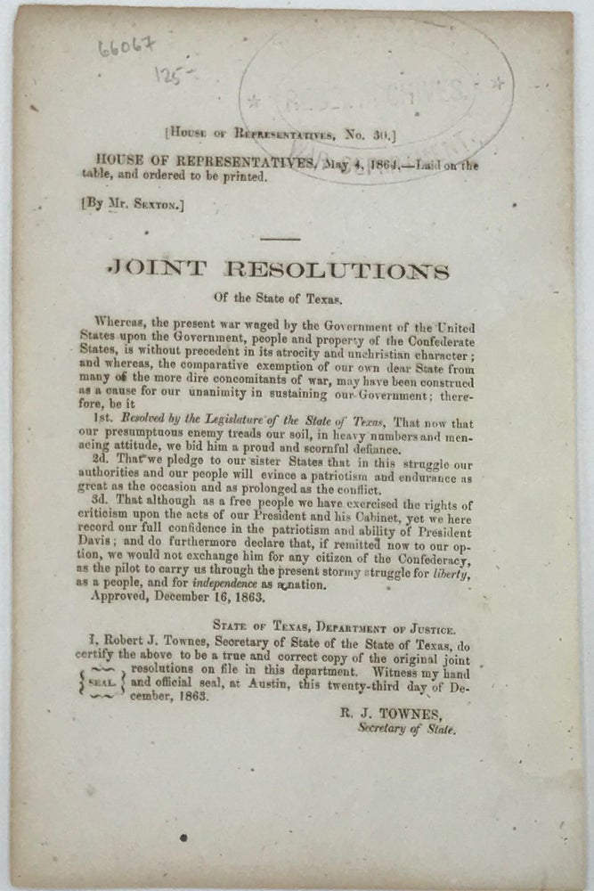 Item #66067 Joint Resolutions of the State of Texas [caption title]. TEXAS, CONFEDERATE IMPRINT.