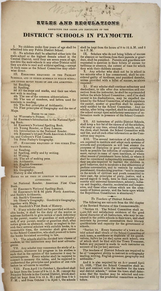Item #66107 RULES AND REGULATIONS RESPECTING THE ORDER AND DISCIPLINE OF THE DISTRICT SCHOOLS IN PLYMOUTH [Caption title]