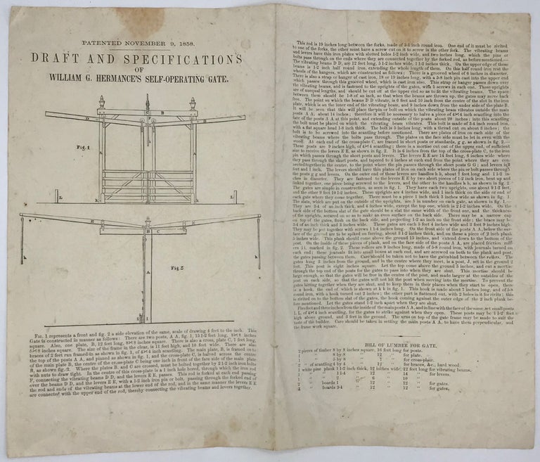 Item #66112 PATENTED NOVEMBER 9, 1858. / DRAFT AND SPECIFICATIONS / OF / WILLIAM G. HERMANCE'S SELF-OPERATING GATE. [Caption title]