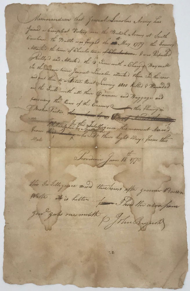 Item #66123 TRANSMITTING INTELLIGENCE RELATED TO GENERAL [BENJAMIN] LINCOLN'S VICTORY OVER THE BRITISH ARMY IN SOUTH CAROLINA, MAY - JUNE 1779, IN A MANUSCRIPT DOCUMENT, SIGNED. John Reynolds.