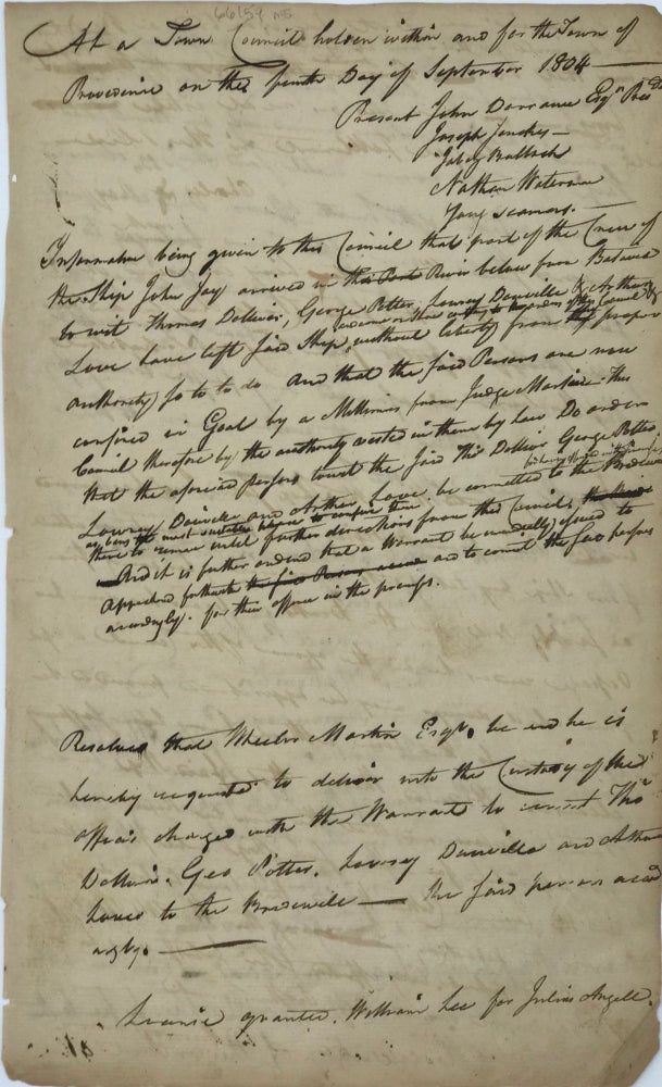 Item #66159 RESOLUTIONS REGARDING THE MEMBERS OF THE CREW OF THE SHIP JOHN JAY, LATELY ARRIVED AT PROVIDENCE, RHODE ISLAND FROM BATAVIA, SEPT. 1804. Yellow Fever, Maritime, Rhode Island.