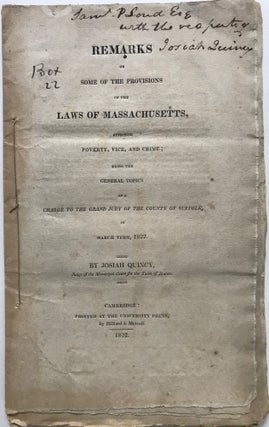Item #66198 REMARKS OF SOME OF THE PROVISIONS OF THE LAWS OF MASSACHUSETTS, Affecting Poverty,...