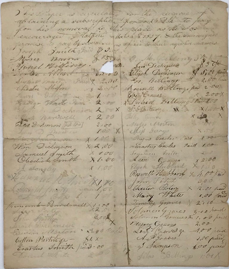 Item #66199 LIST OF SUBSCRIBERS PLEDGING TO HELP PAY FOR DR. [ADDISON] PECK'S REMOVAL TO THE TOWN OF HATFIELD [MASSACHUSETTS], MARCH 8, 1837.