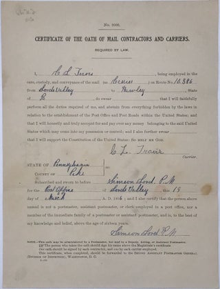 Item #66202 CERTIFICATE OF THE OATH OF MAIL CONTRACTORS AND CARRIERS. [caption title