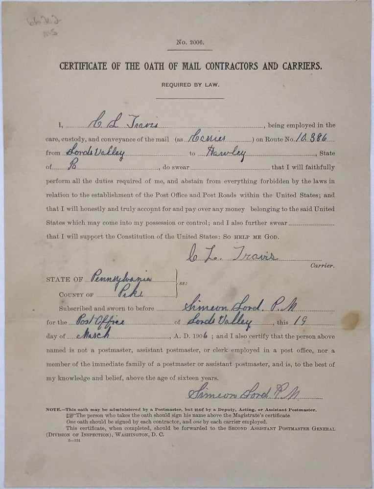 Item #66202 CERTIFICATE OF THE OATH OF MAIL CONTRACTORS AND CARRIERS. [caption title]
