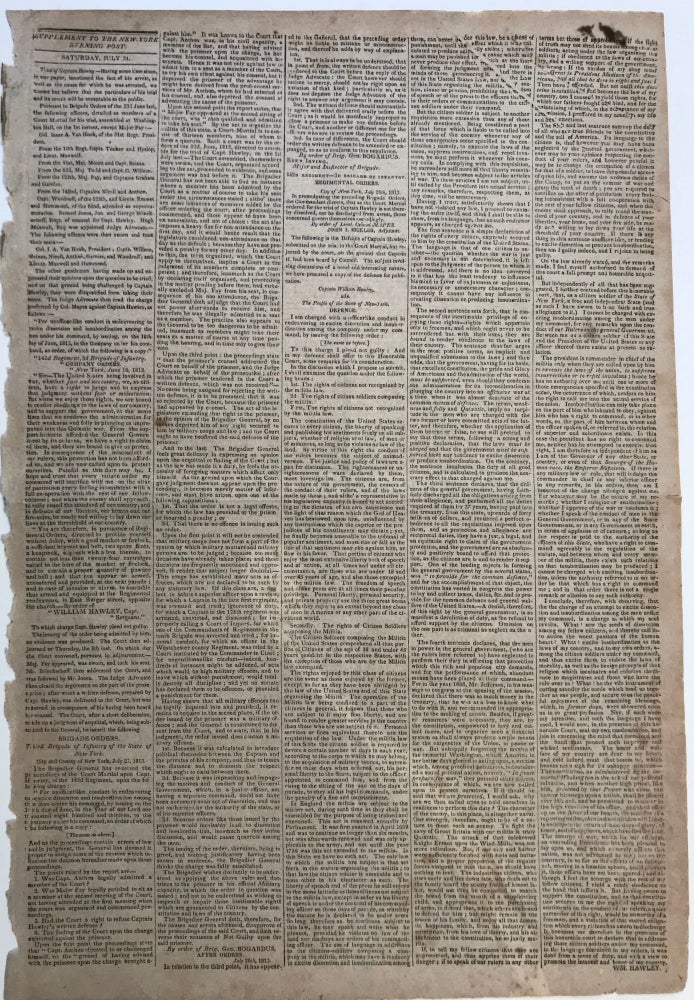 Item #66235 SUPPLEMENT TO THE NEW-YORK EVENING POST. SATURDAY, JULY 31. TRIAL OF CAPTAIN HAWLEY. [caption title and start of text]. War of 1812, William HAWLEY, New York.