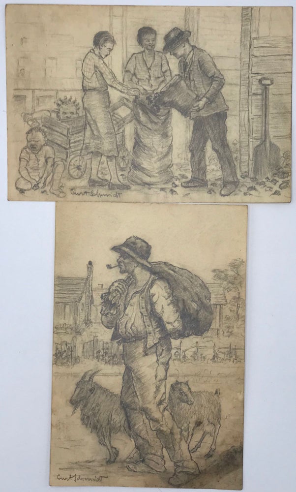 Item #66245 TWO AFRICAN-AMERICAN RELATED DETAILED PENCIL DRAWINGS ON PAPER, one (8 7/8 x 6 inches) picturing a working man with hat and pipe, carrying a full sack (of coal?) over his shoulder striding with a pair of goats in front of fenced-in simple clapboard houses and a stand of trees, the other (6 x 8 7/8 inches) picturing a well-dressed man pouring a bucket of coal into a large sack held by two ladies, their children and a carriage to their side and a clapboard building behind,; both signed by Schmidt, a native of Germany and active as an artist there and in Alabama, “known for African-American genre work”(AskArt). Smudge in lower corner of the first drawing, else very good. Curt SCHMIDT.