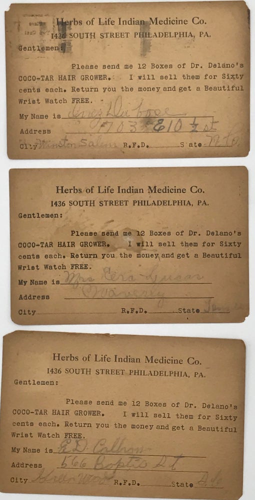 Item #66258 PRIVATE MAILING CARD / Herbs of Life Indian Medicine Company / Philadelphia, / Penna. / Station D Branch 112 [printed postcard return address].; Partly printed form on verso, completed in pencil, ordering 12 boxes of “Dr. Delano’s COCO-TAR HAIR GROWER … I will sell them for sixty cents each. Return you the money and get a Beautiful Wrist Watch FREE.”