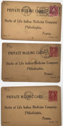 PRIVATE MAILING CARD / Herbs of Life Indian Medicine Company / Philadelphia, / Penna. / Station D Branch 112 [printed postcard return address].; Partly printed form on verso, completed in pencil, ordering 12 boxes of “Dr. Delano’s COCO-TAR HAIR GROWER … I will sell them for sixty cents each. Return you the money and get a Beautiful Wrist Watch FREE.”