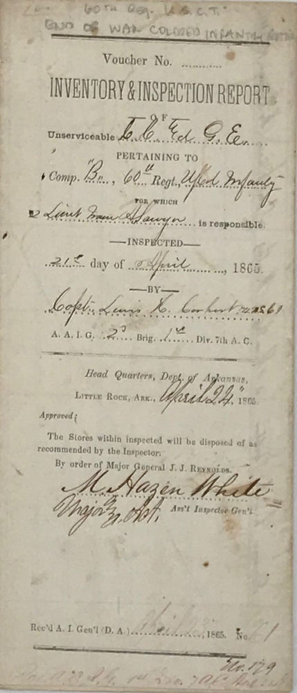 Item #66293 INVENTORY & INSPECTION REPORT FOR THE 60TH REGIMENT, U.S. COLORED INFANTRY, a partially printed document, completed in manuscript and signed by three of the white officers associated with the unit. African-Americana, Military, Arkansas.