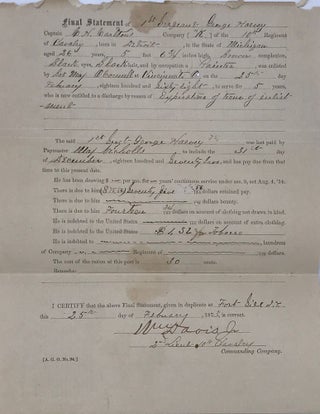 DISCHARGE PAPERS for 1st Sgt. George Harvey of Co. K, 10th Cavalry Regiment, as recorded in two partially printed documents, completed in manuscript, and signed by his company commander 2nc Lt. William Davis, Jr.
