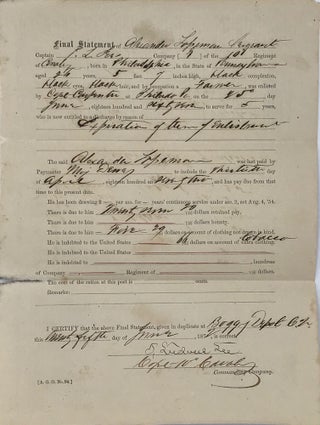 DISCHARGE PAPERS for Sgt. Alexander Lasseman of Co. G, 10th Cavalry Regiment, as recorded in two partially printed documents, completed in manuscript, and signed by his company commander Capt. J. Steelwell Lee.