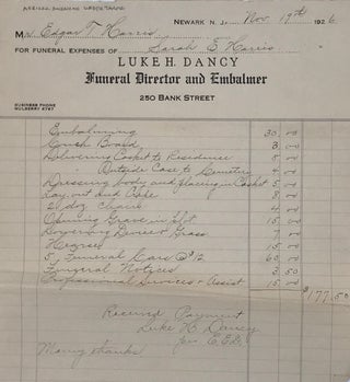 Item #66305 A RECEIPT FOR FUNERAL EXPENSES ON THE NEWARK, NEW JERSEY, printed billhead of “Luke...